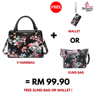 V HANDBAG - FLORAL E, BLACK