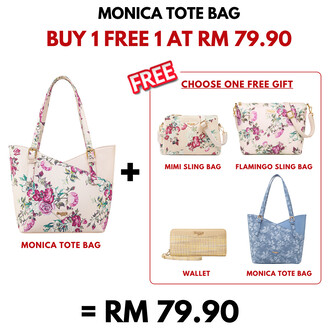 MONICA TOTE BAG - FLORAL BL, BEIGE (BUY 1 FREE 1)