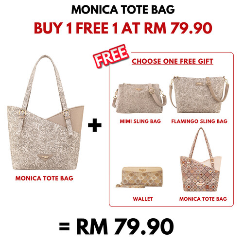 MONICA TOTE BAG - FLORAL CD, LATTE (BUY 1 FREE 1)