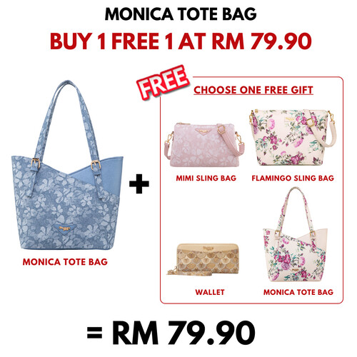 MONICA TOTE BAG - FLORAL CE, DENIM BLUE (BUY 1 FREE 1)